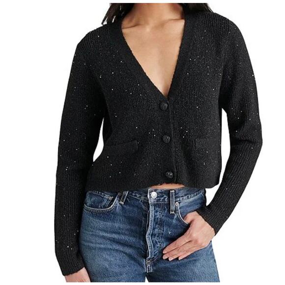 NWT Steve Madden Black & Silver Metallic Sequin Knit Cardigan Sweater – Size XS - Picture 1 of 12